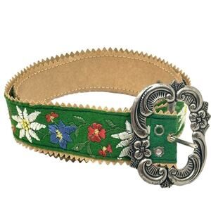 Vintage Folk Norwegian Embroidered Floral Cottagecore Belt Stamped Buckle